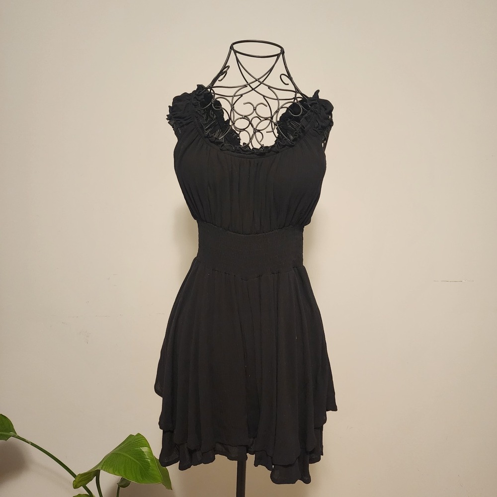 Forever 21 Smocked Waist Ruffle Hem Gauze Mini Dress Black Medium